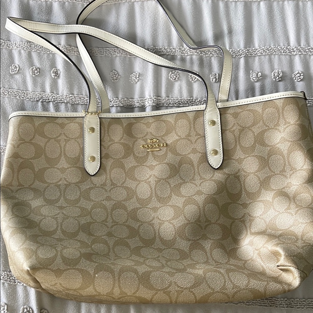 Coach Tan and Cream Signature Tote Bag